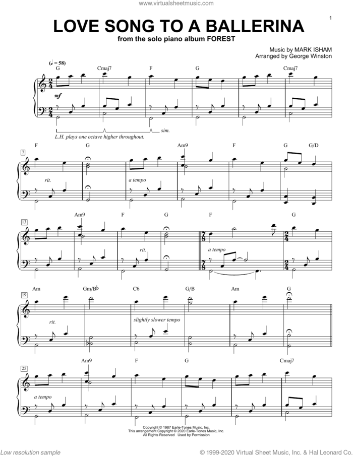 Love Song To A Ballerina, (intermediate) sheet music for piano solo by George Winston and Mark Isham, intermediate skill level