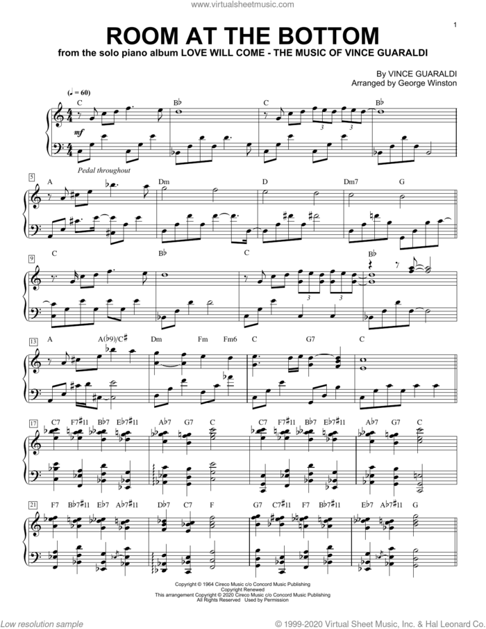 Room At The Bottom sheet music for piano solo by George Winston and Vince Guaraldi, intermediate skill level