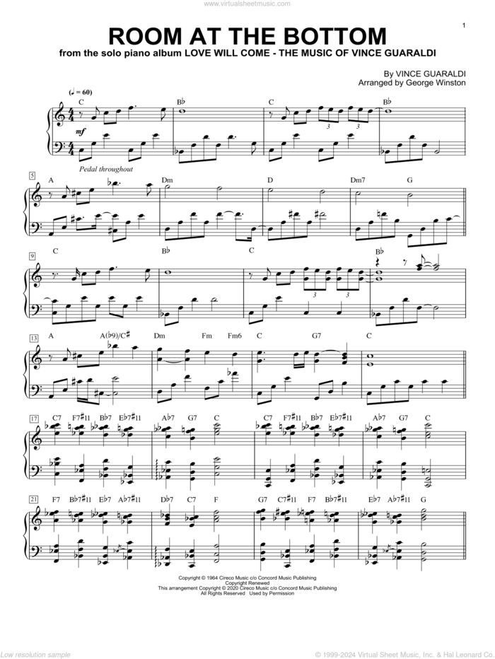 Room At The Bottom sheet music for piano solo by George Winston and Vince Guaraldi, intermediate skill level