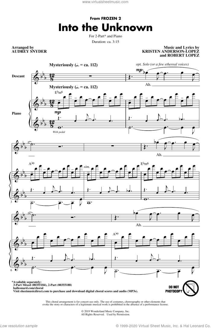 Into The Unknown (from Frozen 2) (arr. Audrey Snyder) sheet music for choir (2-Part) by Idina Menzel and AURORA, Audrey Snyder, Kristen Anderson-Lopez and Robert Lopez, intermediate duet