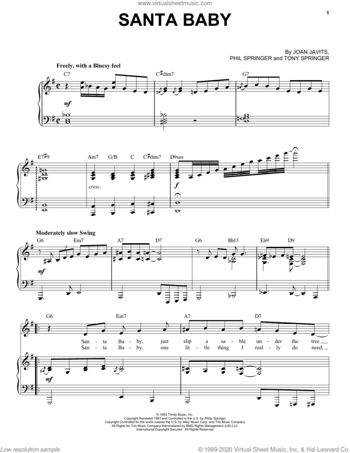 Santa Baby [Jazz Version] (arr. Brent Edstrom) sheet music for voice and piano (High Voice) by Eartha Kitt, Brent Edstrom, Joan Javits, Phil Springer and Tony Springer, intermediate skill level