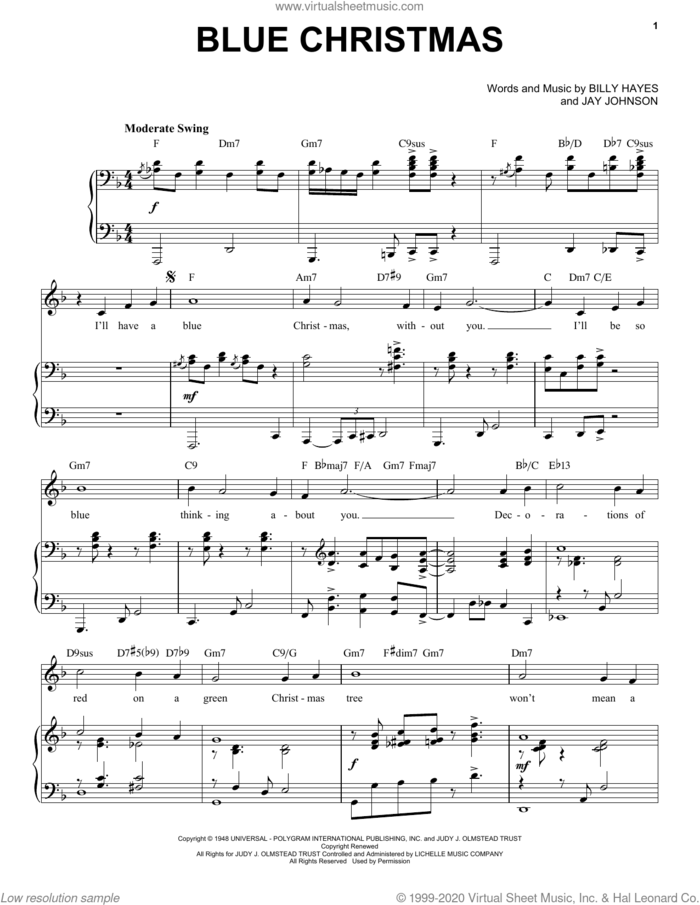 Blue Christmas [Jazz Version] (arr. Brent Edstrom) sheet music for voice and piano (High Voice) by Elvis Presley, Brent Edstrom, Billy Hayes and Jay Johnson, intermediate skill level
