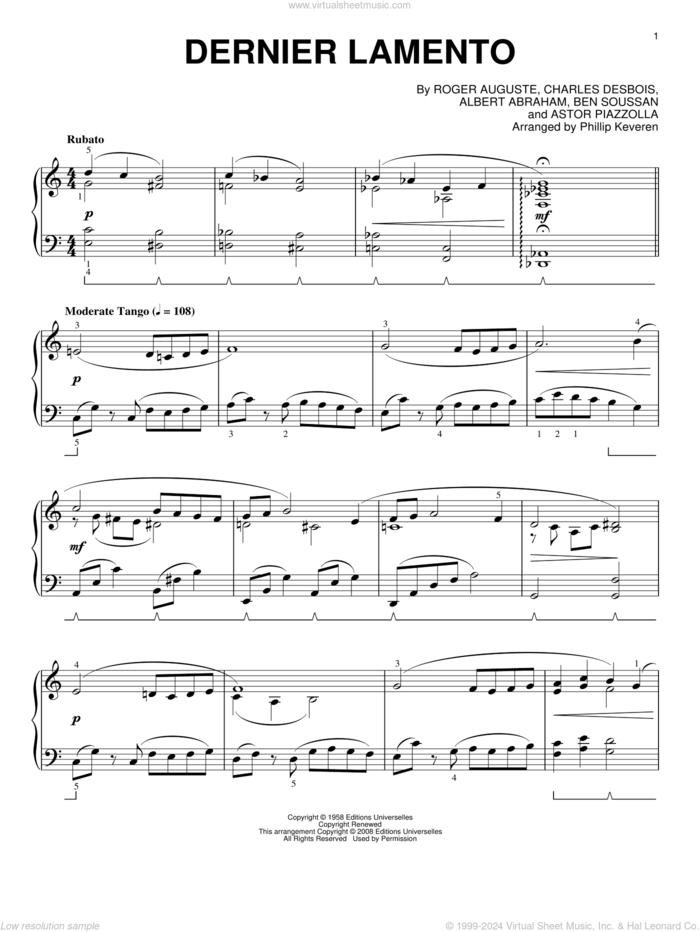 Dernier lamento (arr. Phillip Keveren) sheet music for piano solo by Astor Piazzolla, Phillip Keveren, Albert Abraham, Ben Soussan, Charles Desbois and Roger Auguste, intermediate skill level