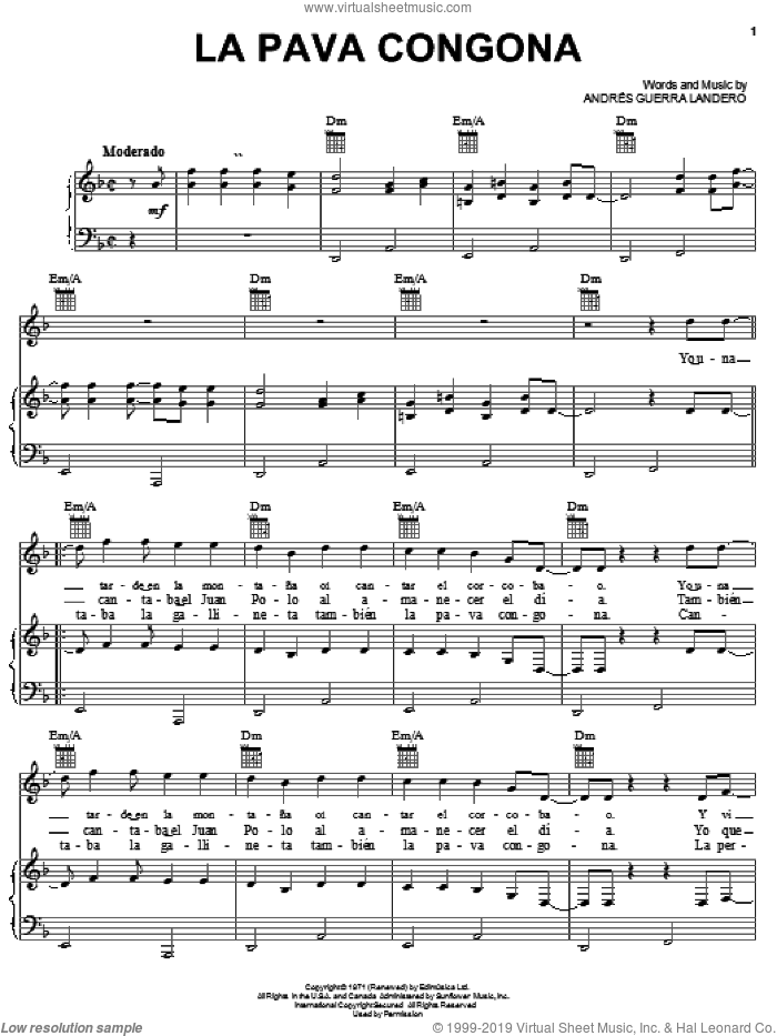 La Pava Congona sheet music for voice, piano or guitar by Andres Guerra Landero, intermediate skill level