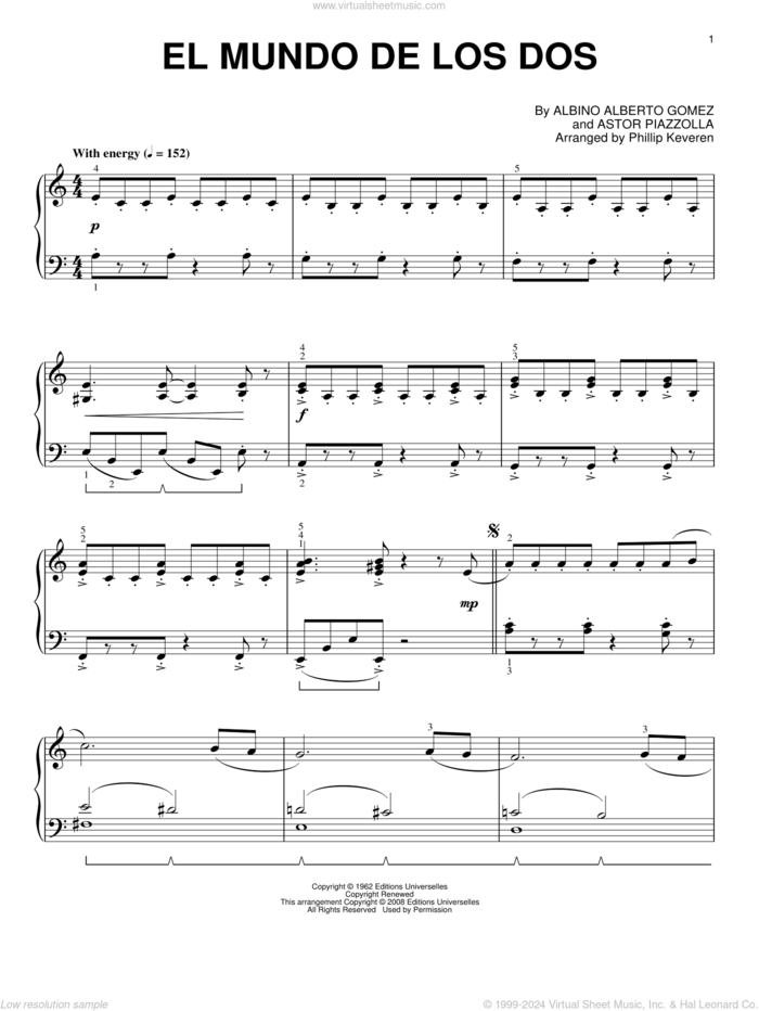 El mundo de los dos (arr. Phillip Keveren) sheet music for piano solo by Astor Piazzolla, Phillip Keveren and Albino Alberto Gomez, intermediate skill level