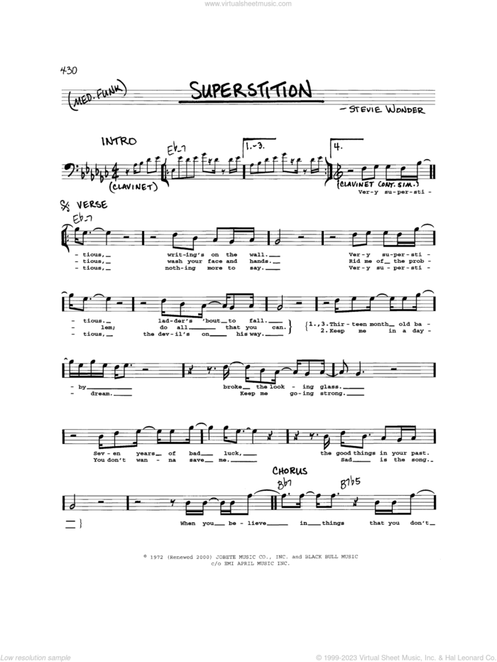 Superstition sheet music for voice and other instruments (real book) by Stevie Wonder, intermediate skill level