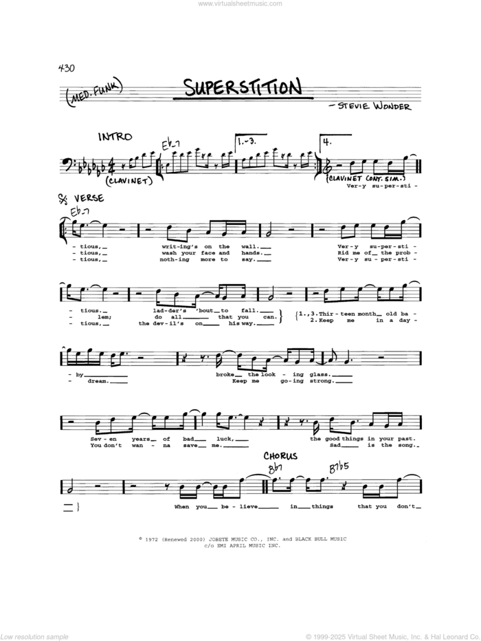 Superstition sheet music for voice and other instruments (real book) by Stevie Wonder, intermediate skill level