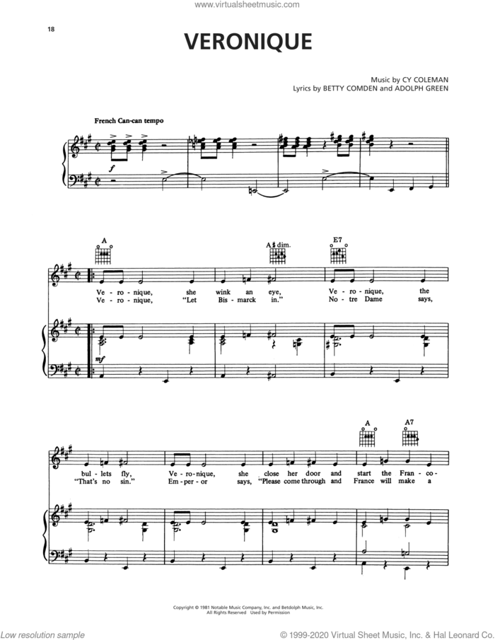 Veronique (from On The Twentieth Century) sheet music for voice, piano or guitar by Cy Coleman, Adolph Green and Betty Comden, intermediate skill level