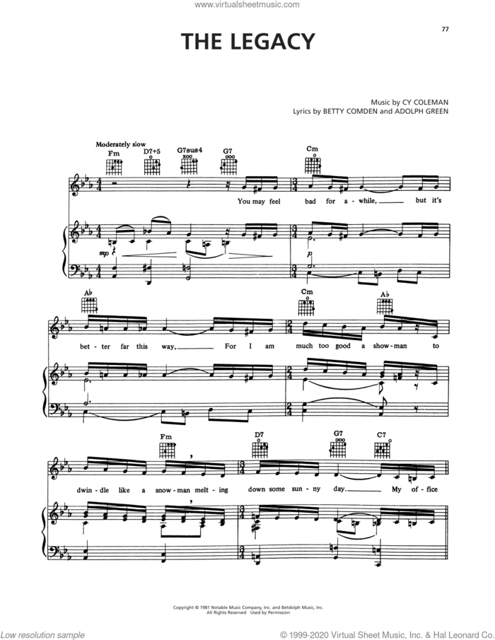 The Legacy (from On The Twentieth Century) sheet music for voice, piano or guitar by Cy Coleman, Adolph Green and Betty Comden, intermediate skill level