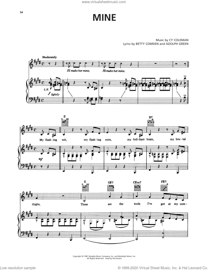 Mine (from On The Twentieth Century) sheet music for voice, piano or guitar by Cy Coleman, Adolph Green and Betty Comden, intermediate skill level