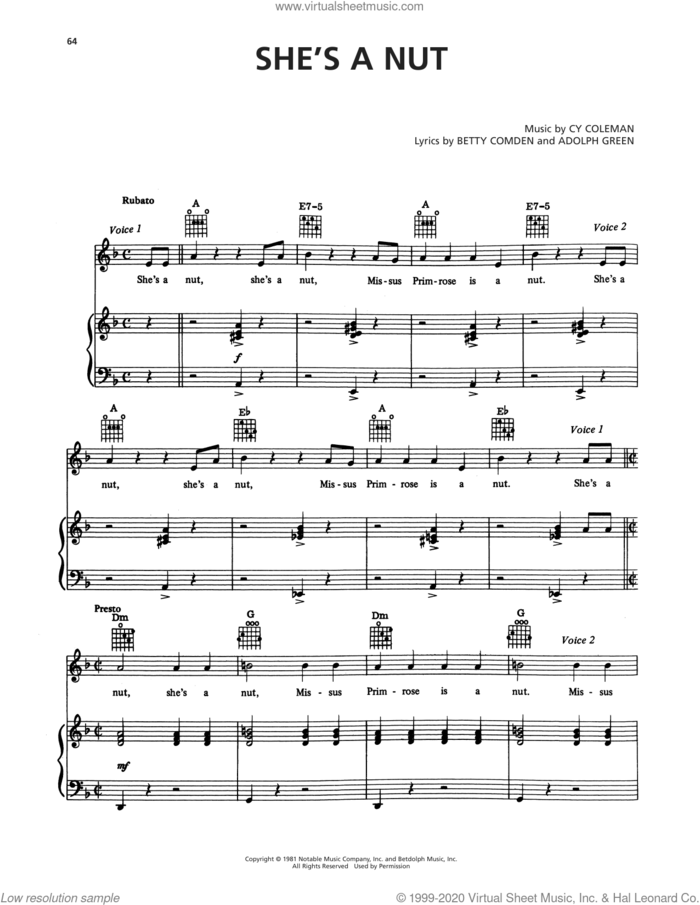 She's A Nut (from On The Twentieth Century) sheet music for voice, piano or guitar by Cy Coleman, Adolph Green and Betty Comden, intermediate skill level