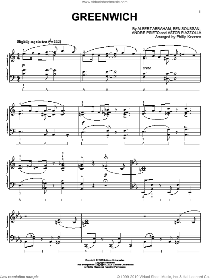 Greenwich (arr. Phillip Keveren) sheet music for piano solo by Astor Piazzolla, Phillip Keveren, Albert Abraham, Andre Psieto and Ben Soussan, intermediate skill level