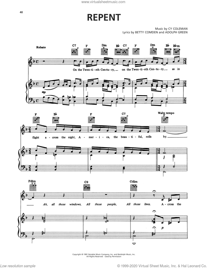 Repent (from On The Twentieth Century) sheet music for voice, piano or guitar by Cy Coleman, Adolph Green and Betty Comden, intermediate skill level