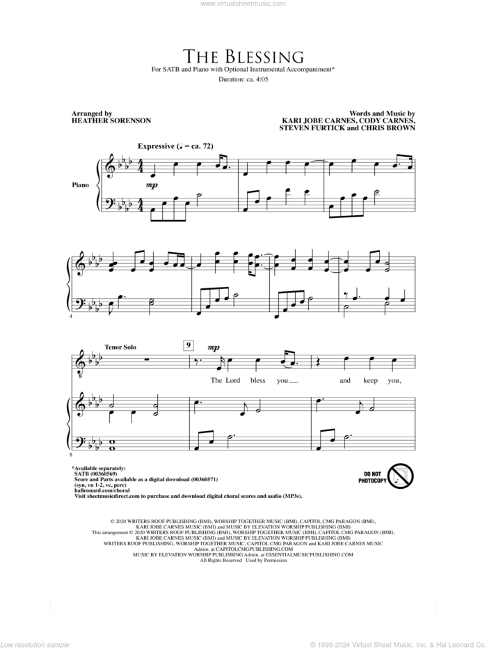 The Blessing (arr. Heather Sorenson) sheet music for choir (SATB: soprano, alto, tenor, bass) by Kari Jobe, Cody Carnes & Elevation Worship, Heather Sorenson, Chris Brown, Cody Carnes, Kari Jobe Carnes and Steven Furtick, intermediate skill level