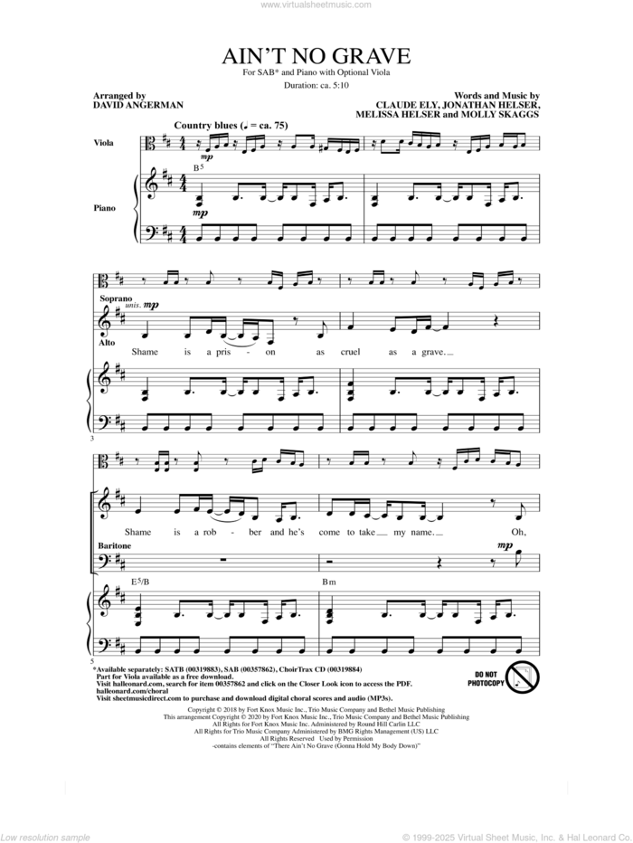 Ain't No Grave (arr. David Angerman) sheet music for choir (SAB: soprano, alto, bass) by Bethel Worship, David Angerman, Claude Ely, Jonathan Helser, Melissa Helser and Molly Skaggs, intermediate skill level
