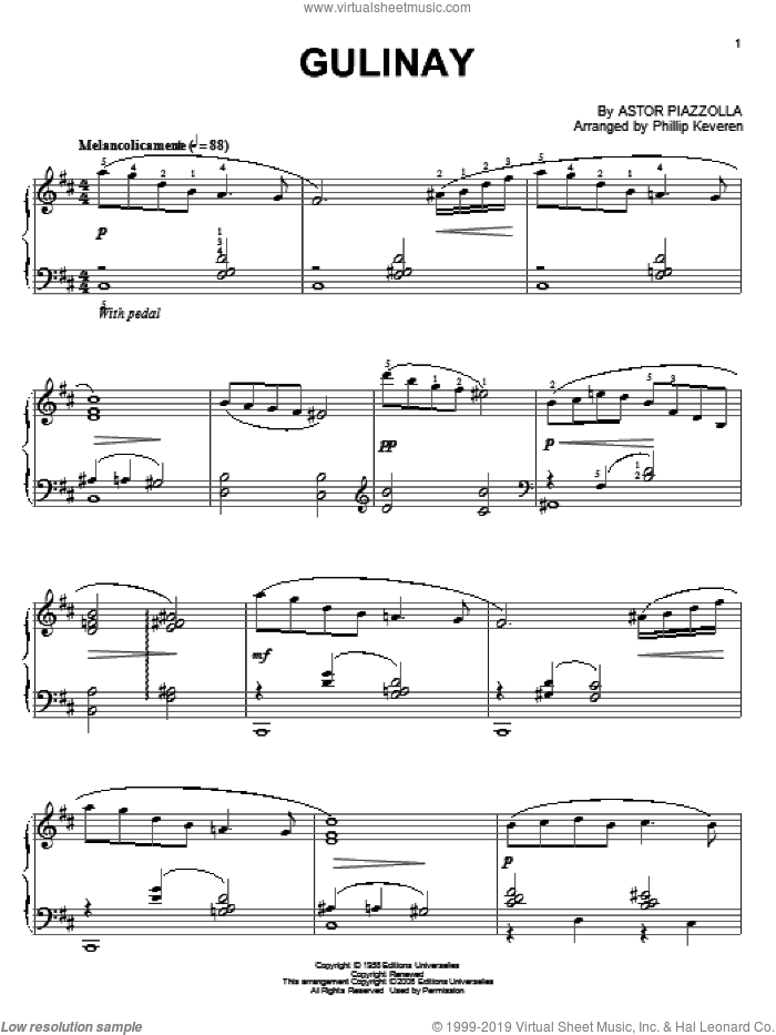 Gulinay (arr. Phillip Keveren) sheet music for piano solo by Astor Piazzolla and Phillip Keveren, intermediate skill level