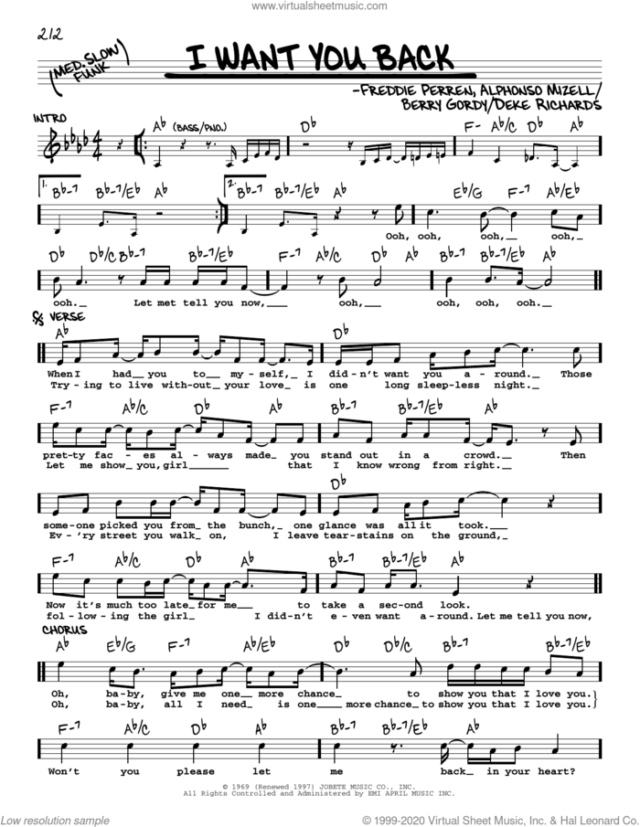 I Want You Back sheet music for voice and other instruments (real book) by The Jackson 5, Alphonso Mizell, Berry Gordy Jr., Deke Richards and Frederick Perren, intermediate skill level