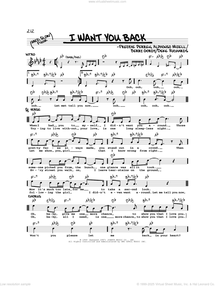 I Want You Back sheet music for voice and other instruments (real book) by The Jackson 5, Alphonso Mizell, Berry Gordy Jr., Deke Richards and Frederick Perren, intermediate skill level