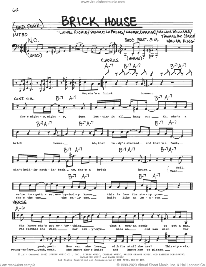 Brick House sheet music for voice and other instruments (real book) by Lionel Richie, The Commodores, Milan Williams, Ronald LaPread, Thomas McClary, Walter Orange and William King, intermediate skill level