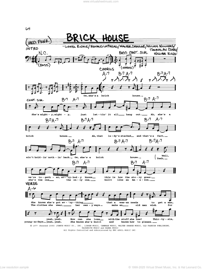 Brick House sheet music for voice and other instruments (real book) by Lionel Richie, The Commodores, Milan Williams, Ronald LaPread, Thomas McClary, Walter Orange and William King, intermediate skill level