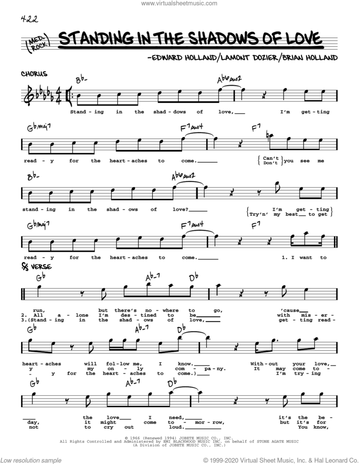 Standing In The Shadows Of Love sheet music for voice and other instruments (real book) by The Four Tops, Brian Holland, Eddie Holland and Lamont Dozier, intermediate skill level