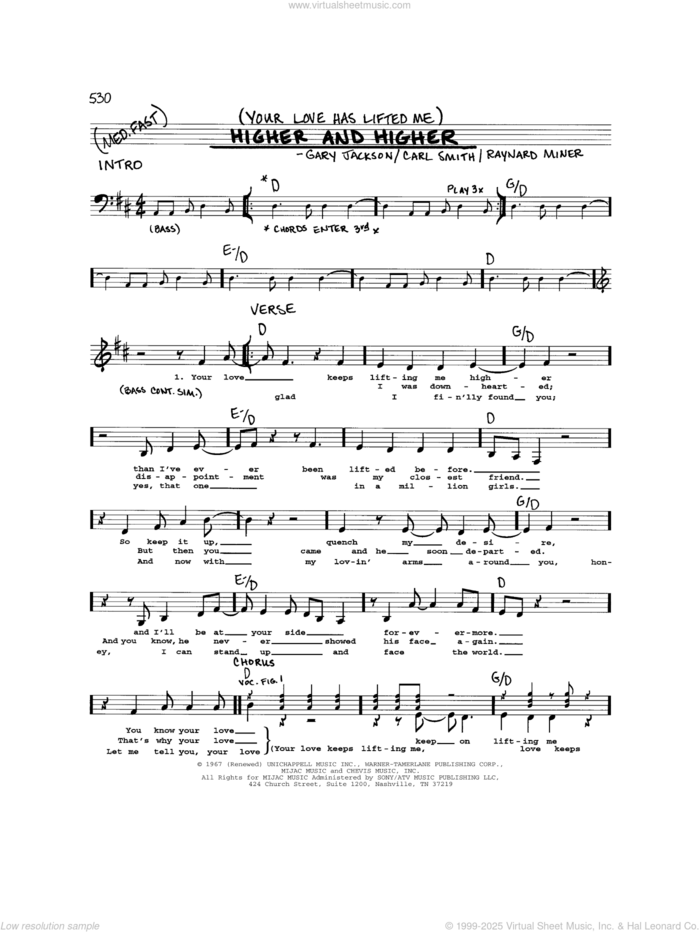 (Your Love Has Lifted Me) Higher And Higher sheet music for voice and other instruments (real book) by Jackie Wilson, Rita Coolidge, Carl Smith, Gary Jackson and Raynard Miner, intermediate skill level