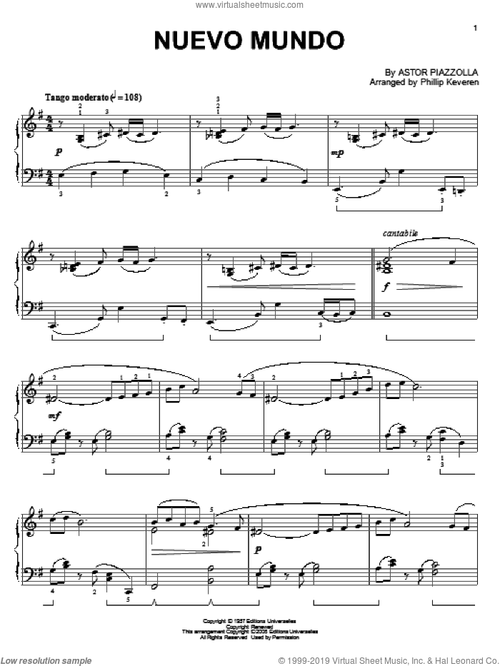 Nuevo Mundo (arr. Phillip Keveren) sheet music for piano solo by Astor Piazzolla and Phillip Keveren, intermediate skill level