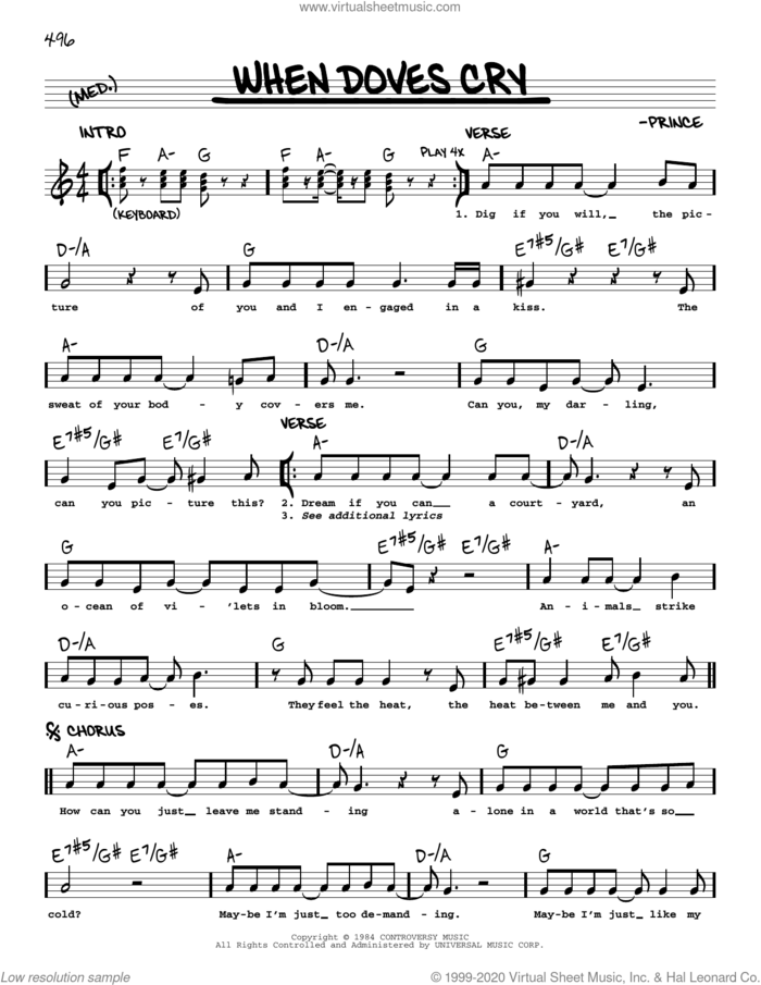 When Doves Cry sheet music for voice and other instruments (real book) by Prince, intermediate skill level