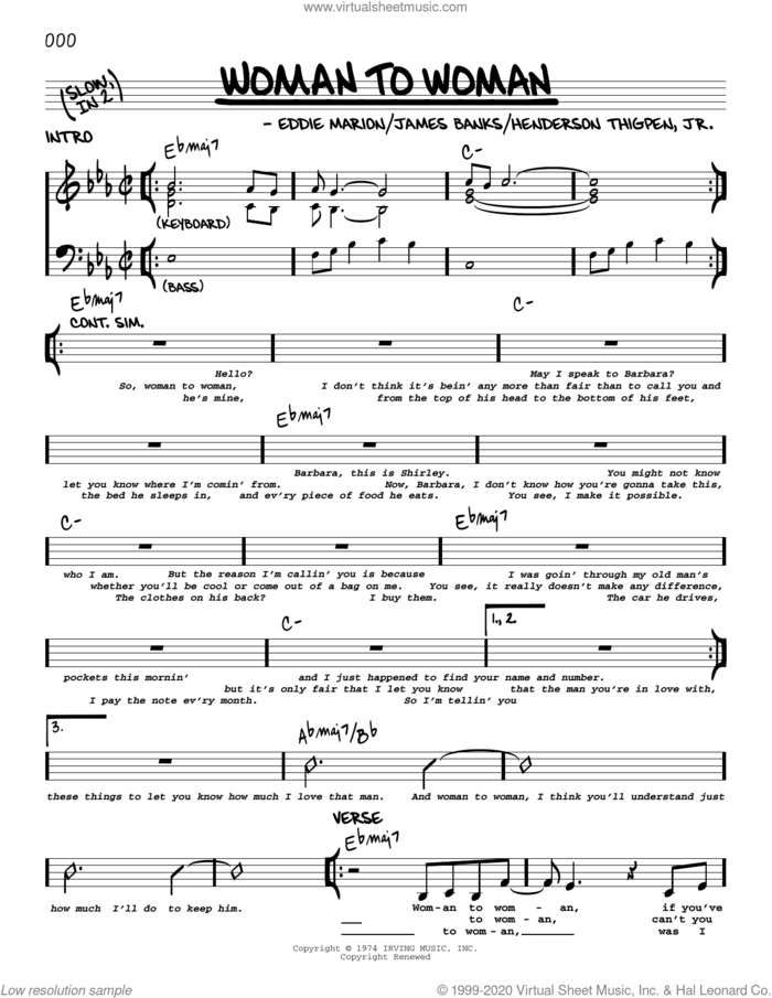 Woman To Woman sheet music for voice and other instruments (real book) by Shirley Brown, Eddie Marion, Henderson Thigpen, Jr. and James Banks, intermediate skill level