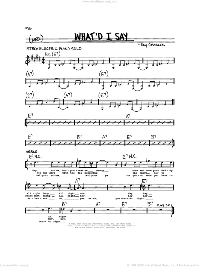 What'd I Say sheet music for voice and other instruments (real book) by Ray Charles, intermediate skill level