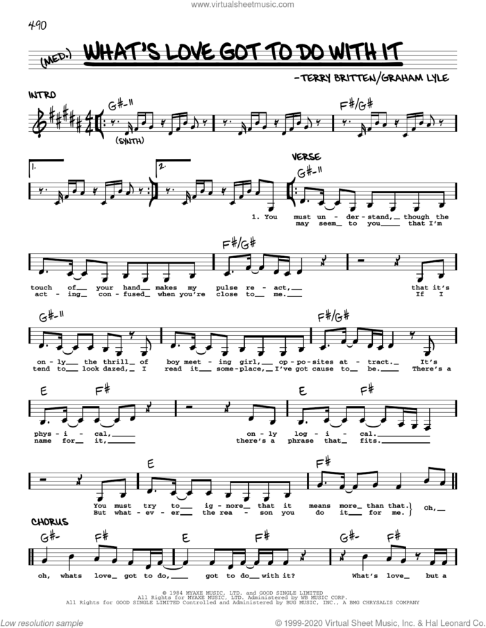 What's Love Got To Do With It sheet music for voice and other instruments (real book) by Tina Turner, Graham Lyle and Terry Britten, intermediate skill level