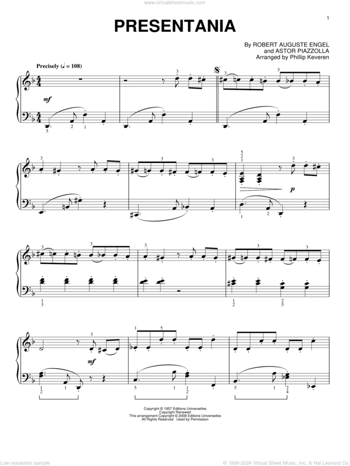 Presentania (arr. Phillip Keveren) sheet music for piano solo by Astor Piazzolla, Phillip Keveren and Robert Auguste Engel, intermediate skill level