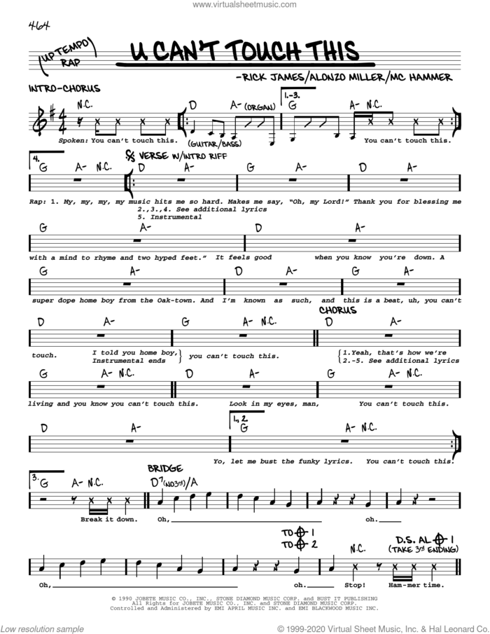U Can't Touch This sheet music for voice and other instruments (real book) by MC Hammer, Alonzo Miller and Rick James, intermediate skill level