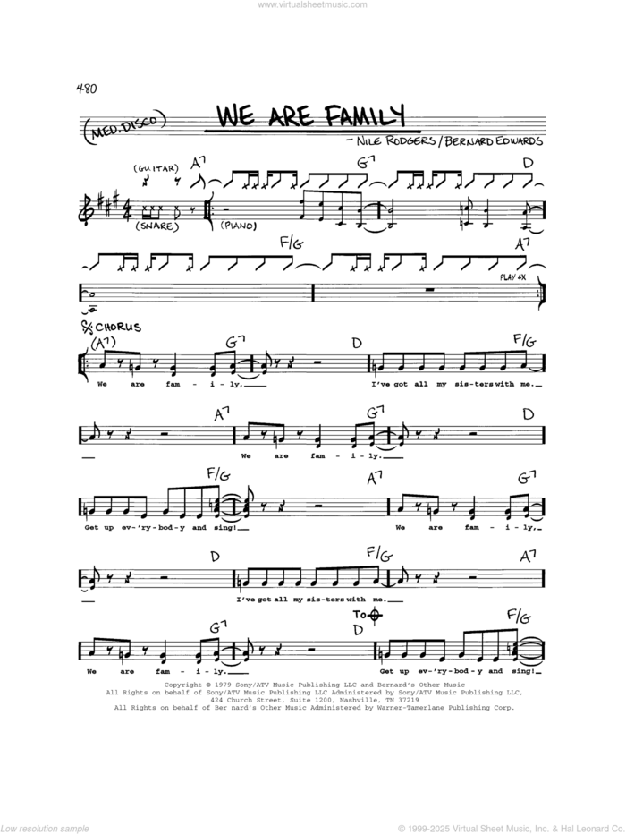 We Are Family sheet music for voice and other instruments (real book) by Sister Sledge, Bernard Edwards and Nile Rodgers, intermediate skill level