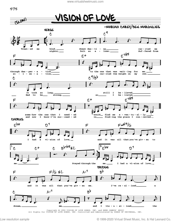 Vision Of Love sheet music for voice and other instruments (real book) by Mariah Carey and Ben Margulies, intermediate skill level