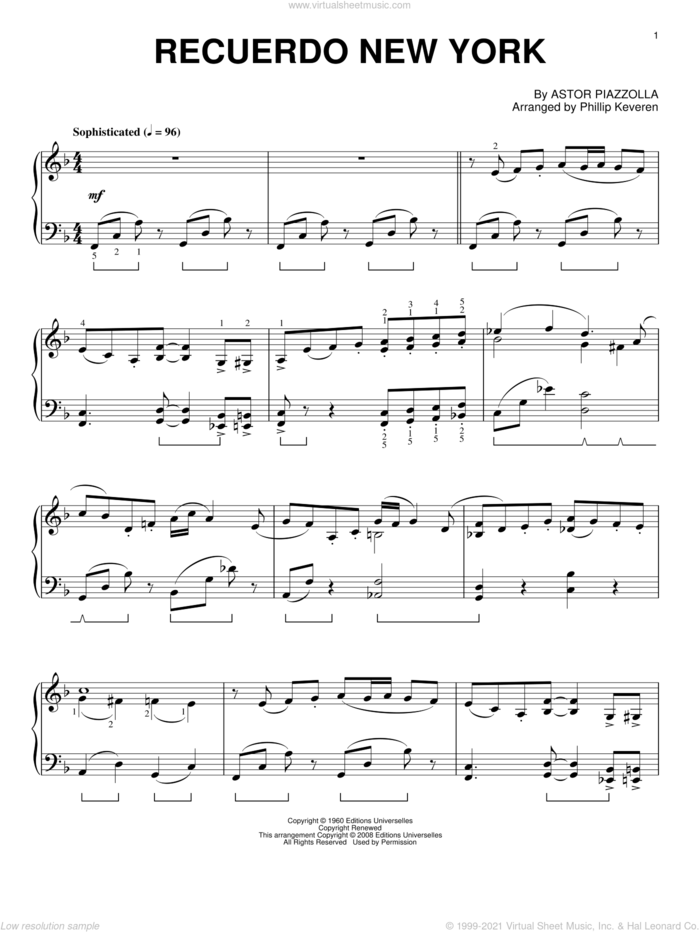 Recuerdo New York (arr. Phillip Keveren) sheet music for piano solo by Astor Piazzolla and Phillip Keveren, intermediate skill level