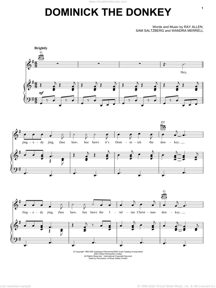 Dominick, The Donkey sheet music for voice, piano or guitar by Lou Monte, Merrill Wandra, Ray Allen and Sam Saltzberg, intermediate skill level