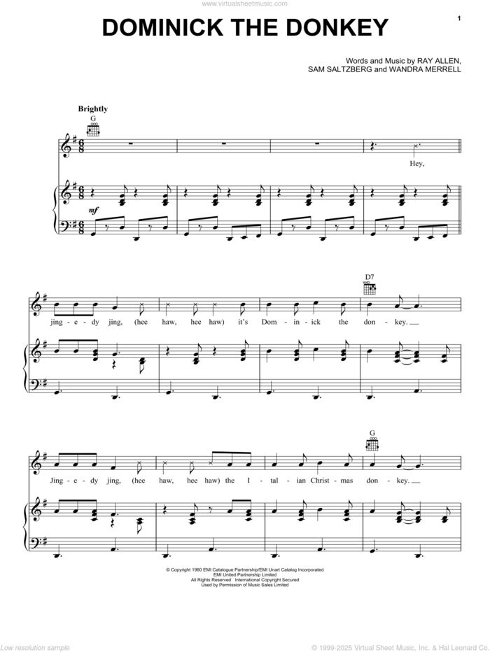 Dominick, The Donkey sheet music for voice, piano or guitar by Lou Monte, Merrill Wandra, Ray Allen and Sam Saltzberg, intermediate skill level