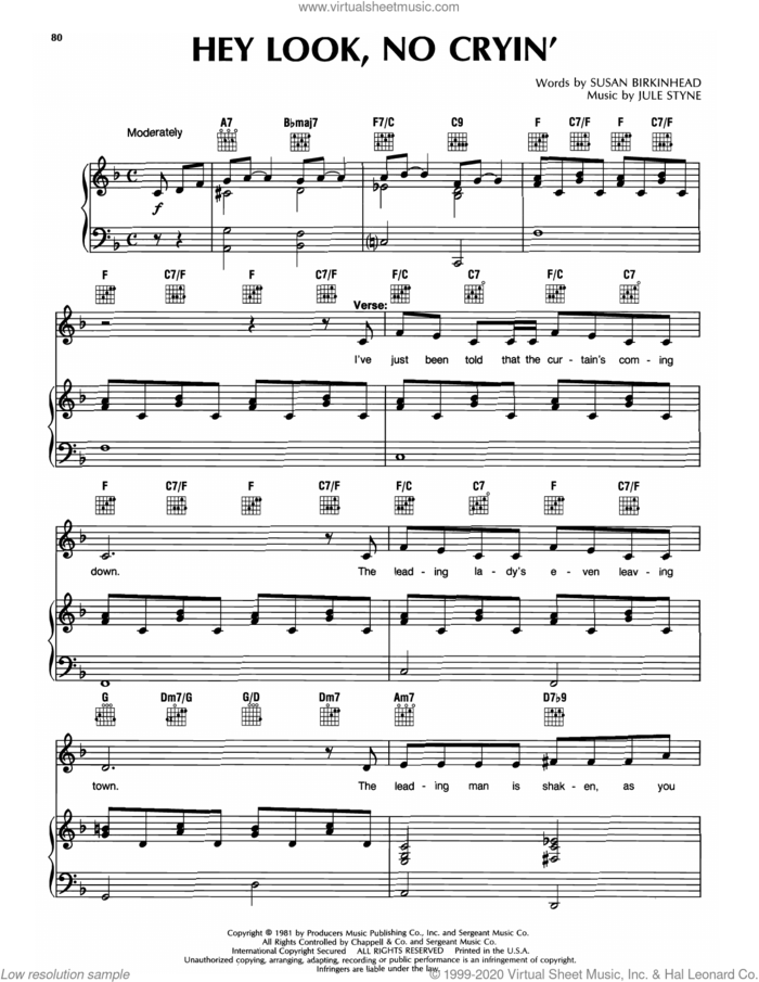 Hey Look, No Cryin' sheet music for voice and piano by Jule Styne and Susan Birkinhead & Jule Styne and Susan Birkinhead, intermediate skill level