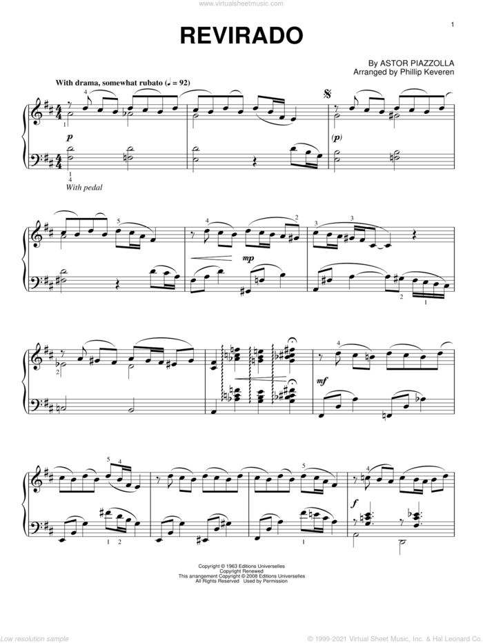 Revirado (arr. Phillip Keveren) sheet music for piano solo by Astor Piazzolla and Phillip Keveren, intermediate skill level