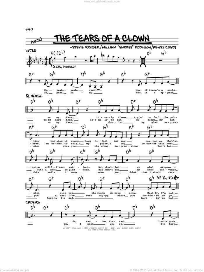 The Tears Of A Clown sheet music for voice and other instruments (real book) by Smokey Robinson & The Miracles, Henry Cosby and Stevie Wonder, intermediate skill level