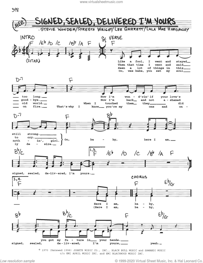 Signed, Sealed, Delivered I'm Yours sheet music for voice and other instruments (real book) by Stevie Wonder, Lee Garrett, Lula Mae Hardaway and Syreeta Wright, intermediate skill level