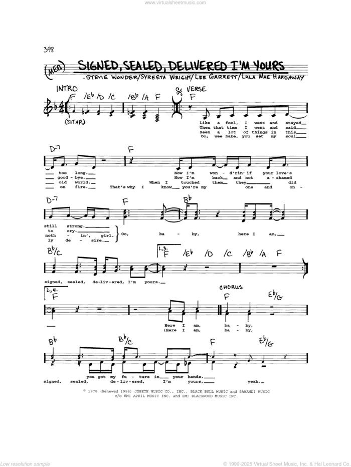 Signed, Sealed, Delivered I'm Yours sheet music for voice and other instruments (real book) by Stevie Wonder, Lee Garrett, Lula Mae Hardaway and Syreeta Wright, intermediate skill level