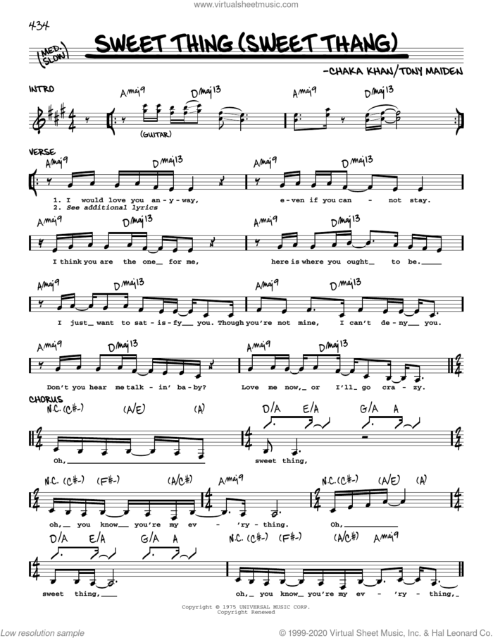 Sweet Thing (Sweet Thang) sheet music for voice and other instruments (real book) by Rufus feat. Chaka Khan, Mary J. Blige, Chaka Khan and Tony Maiden, intermediate skill level