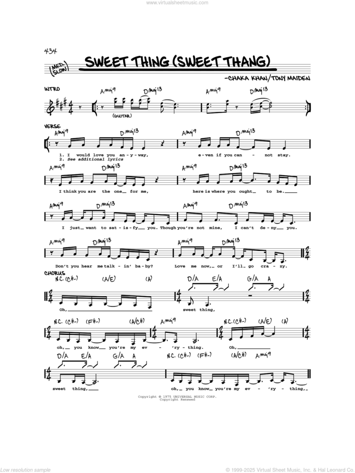 Sweet Thing (Sweet Thang) sheet music for voice and other instruments (real book) by Rufus feat. Chaka Khan, Mary J. Blige, Chaka Khan and Tony Maiden, intermediate skill level