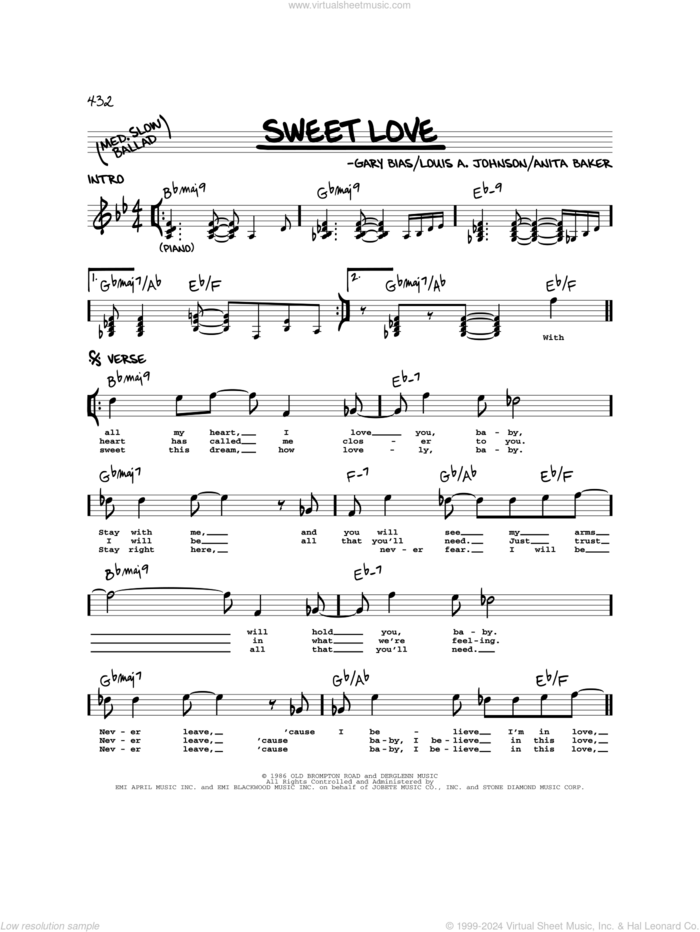 Sweet Love sheet music for voice and other instruments (real book) by Anita Baker, Gary Bias and Louis Johnson, intermediate skill level