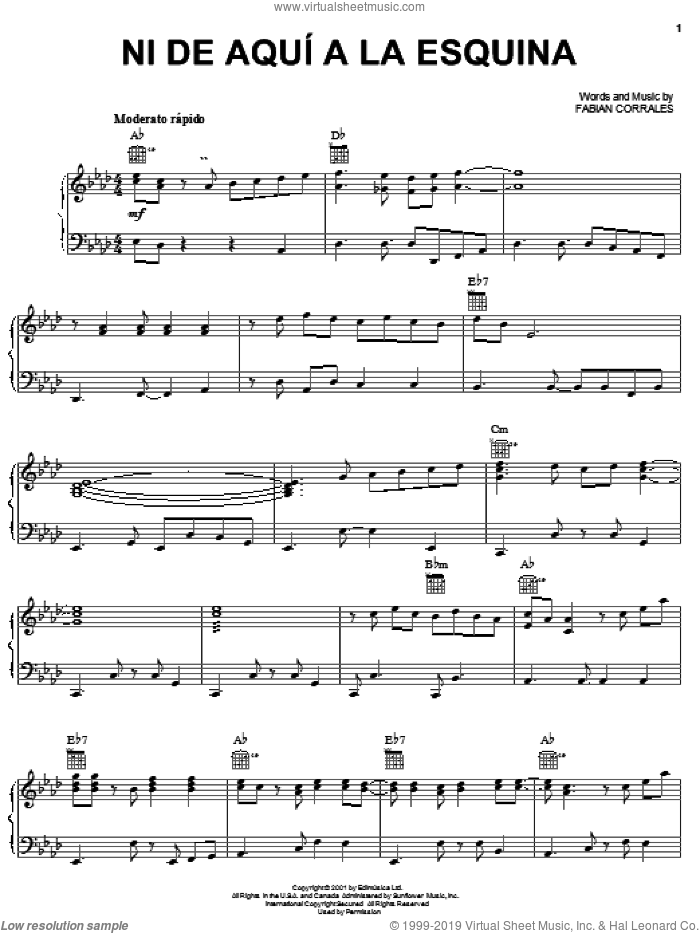 Ni de Aqui a La Esquina sheet music for voice, piano or guitar by Fabian Corrales, intermediate skill level