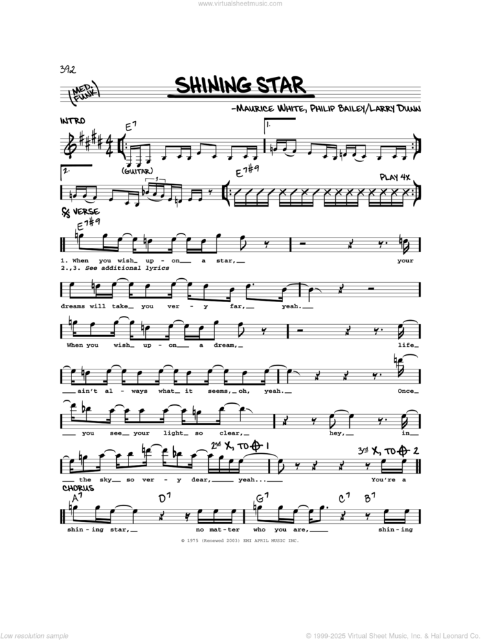 Shining Star sheet music for voice and other instruments (real book) by Earth, Wind & Fire, Yolanda Adams, Larry Dunn, Maurice White and Philip Bailey, intermediate skill level