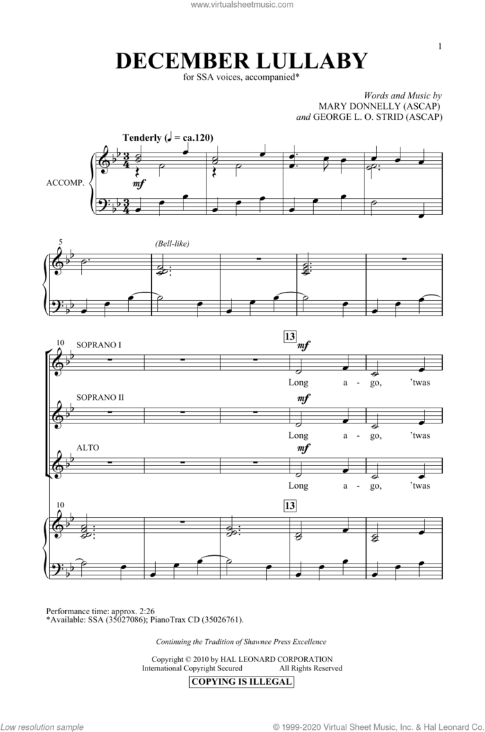 December Lullaby sheet music for choir (SSA: soprano, alto) by Mary Donnelly, George L.O. Strid and Mary Donnelly & George L.O. Strid, intermediate skill level