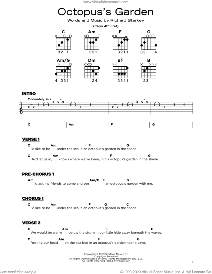 Octopus's Garden sheet music for guitar solo by The Beatles and Richard Starkey, beginner skill level